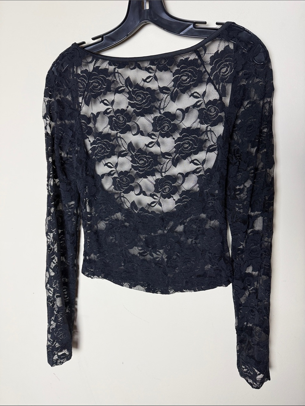 Black Floral Lace Open Back Top Womens Whimsigoth Sheer Long Sleeve Size M Y2K